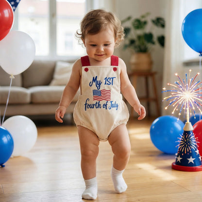 ChildAngle Infant Two baby rompers with 'My First USA 4th of July' text