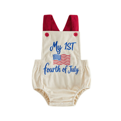 ChildAngle Infant Two baby rompers with 'My First USA 4th of July' text