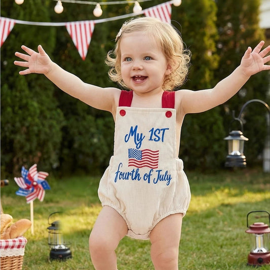 ChildAngle Infant Two baby rompers with 'My First USA 4th of July' text