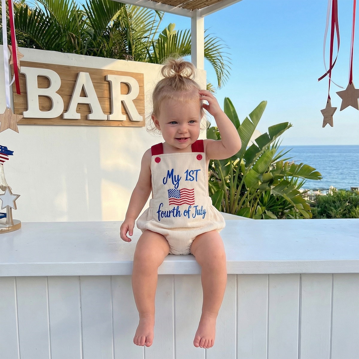 ChildAngle Infant Two baby rompers with 'My First USA 4th of July' text