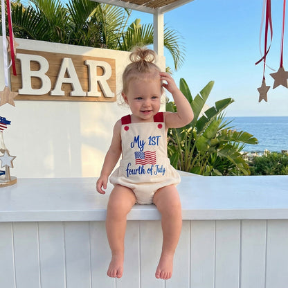 ChildAngle Infant Two baby rompers with 'My First USA 4th of July' text