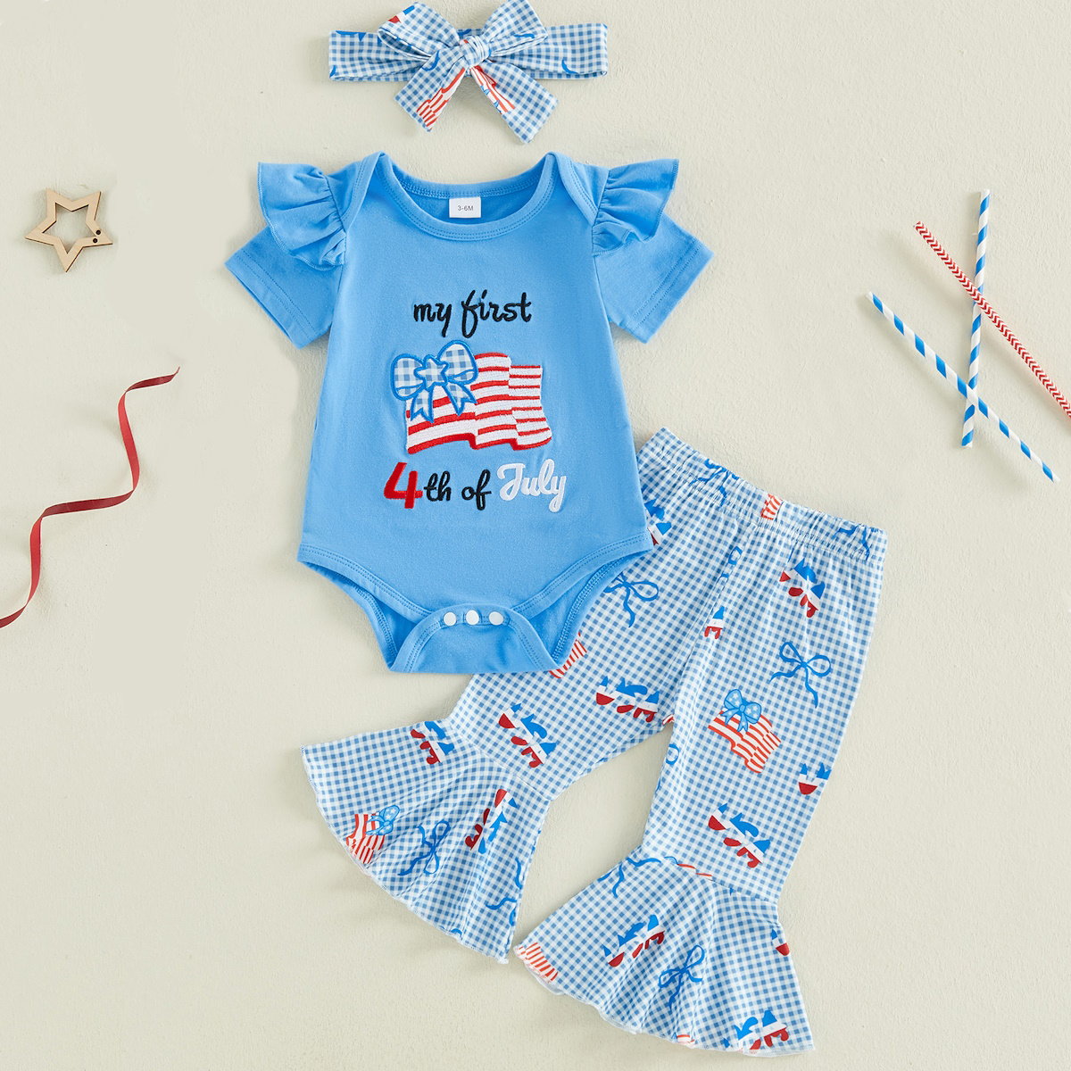 Light Blue First 4th of July Baby Romper with Bell Bottom and Headband - ChildAngle