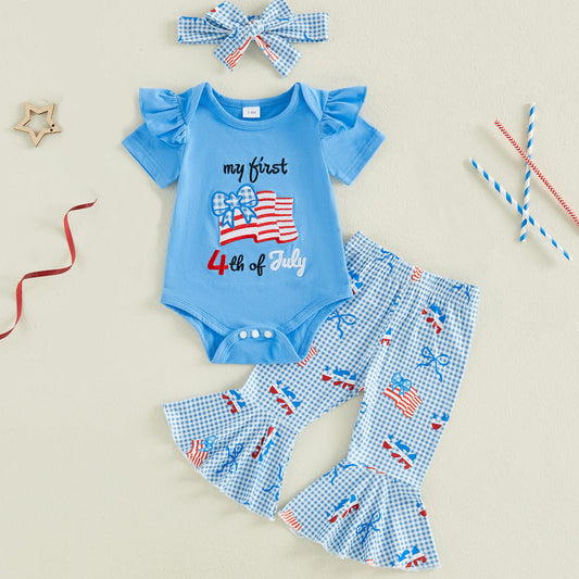Light Blue First 4th of July Baby Romper with Bell Bottom and Headband - ChildAngle