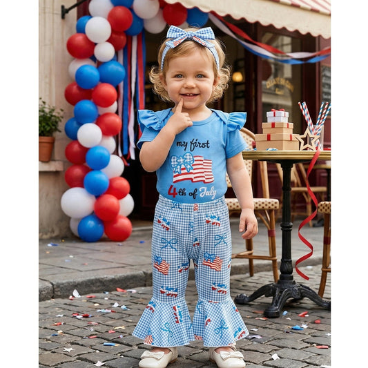 Light Blue First 4th of July Baby Romper with Bell Bottom and Headband - ChildAngle