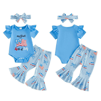 Light Blue First 4th of July Baby Romper with Bell Bottom and Headband - ChildAngle
