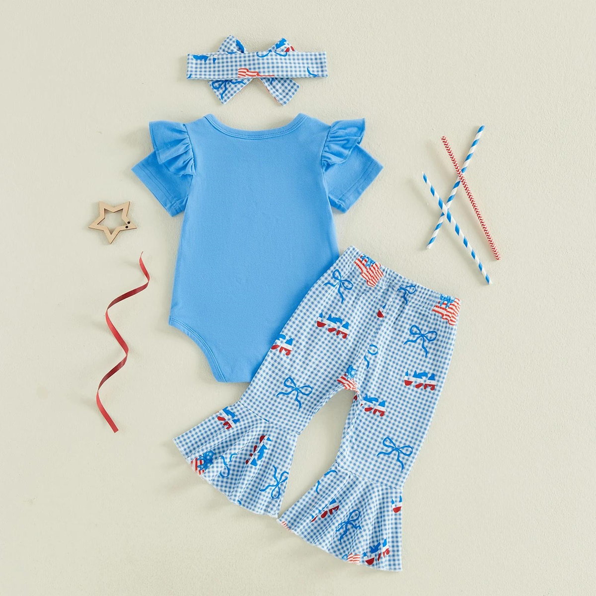Light Blue First 4th of July Baby Romper with Bell Bottom and Headband - ChildAngle