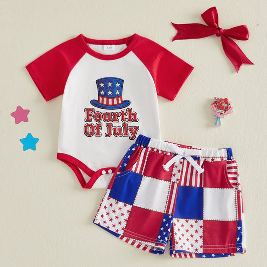 Uncle Sam Hat Fourth of July Baby Romper with Stars and Stripe Colorblock Shorts Set - ChildAngle