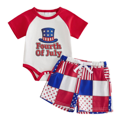 Uncle Sam Hat Fourth of July Baby Romper with Stars and Stripe Colorblock Shorts Set - ChildAngle