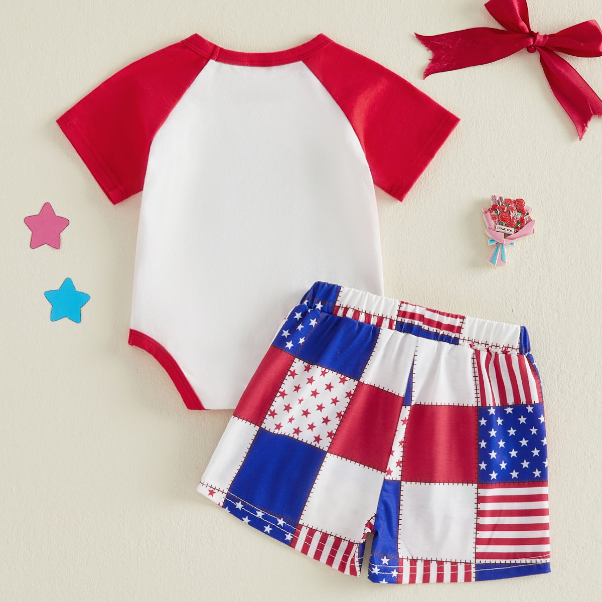 Uncle Sam Hat Fourth of July Baby Romper with Stars and Stripe Colorblock Shorts Set - ChildAngle