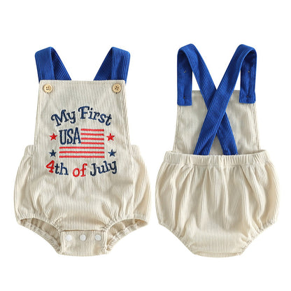 ChildAngle Infant Two baby rompers with 'My First USA 4th of July' text