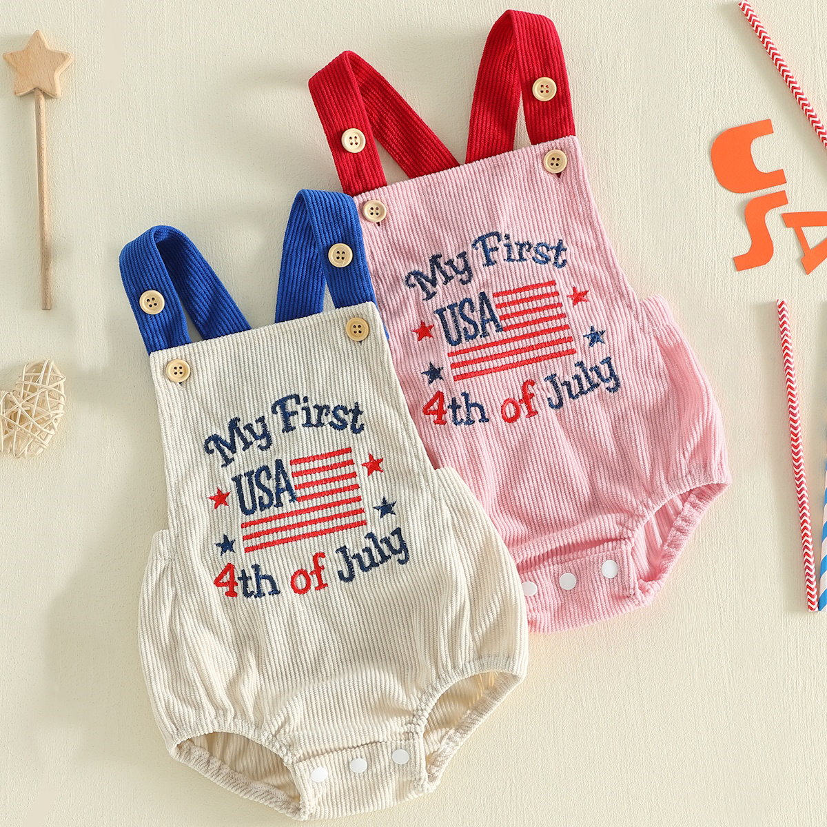 ChildAngle Infant Two baby rompers with 'My First USA 4th of July' text