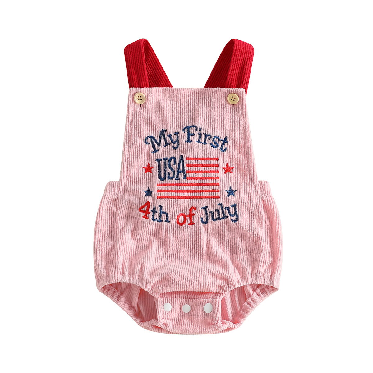 ChildAngle Infant Two baby rompers with 'My First USA 4th of July' text
