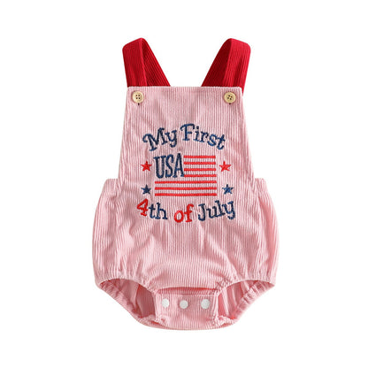 ChildAngle Infant Two baby rompers with 'My First USA 4th of July' text