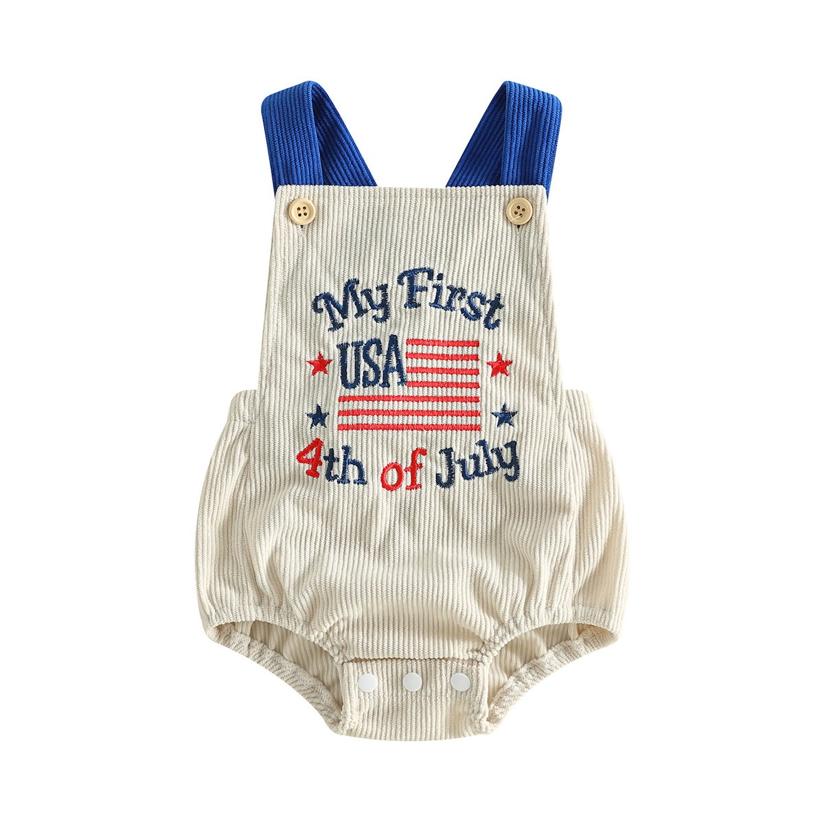 ChildAngle Infant Two baby rompers with 'My First USA 4th of July' text