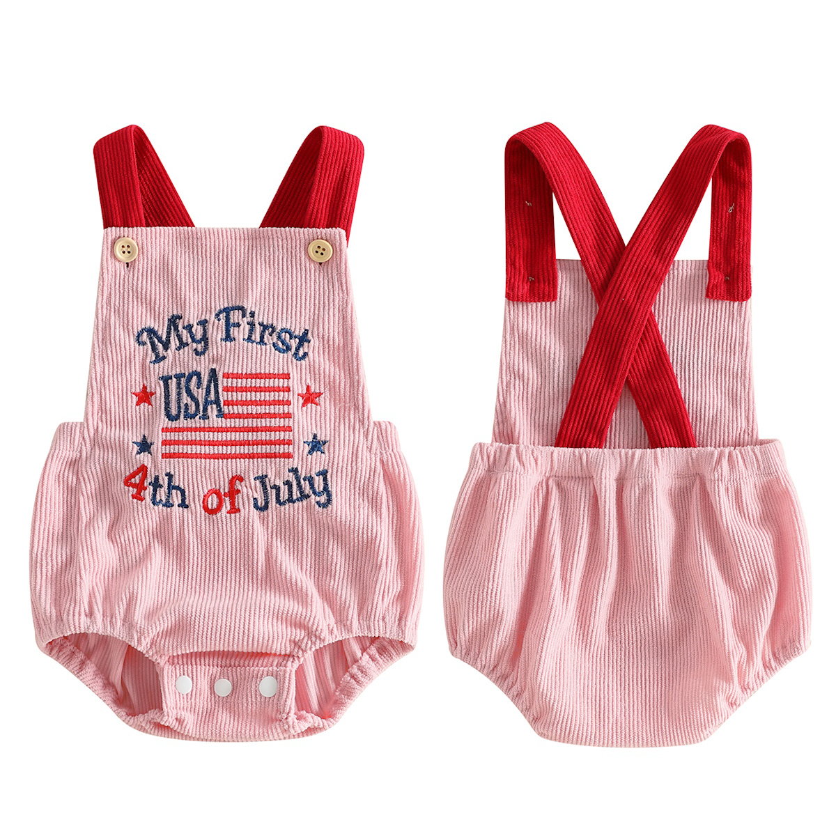 ChildAngle Infant Two baby rompers with 'My First USA 4th of July' text