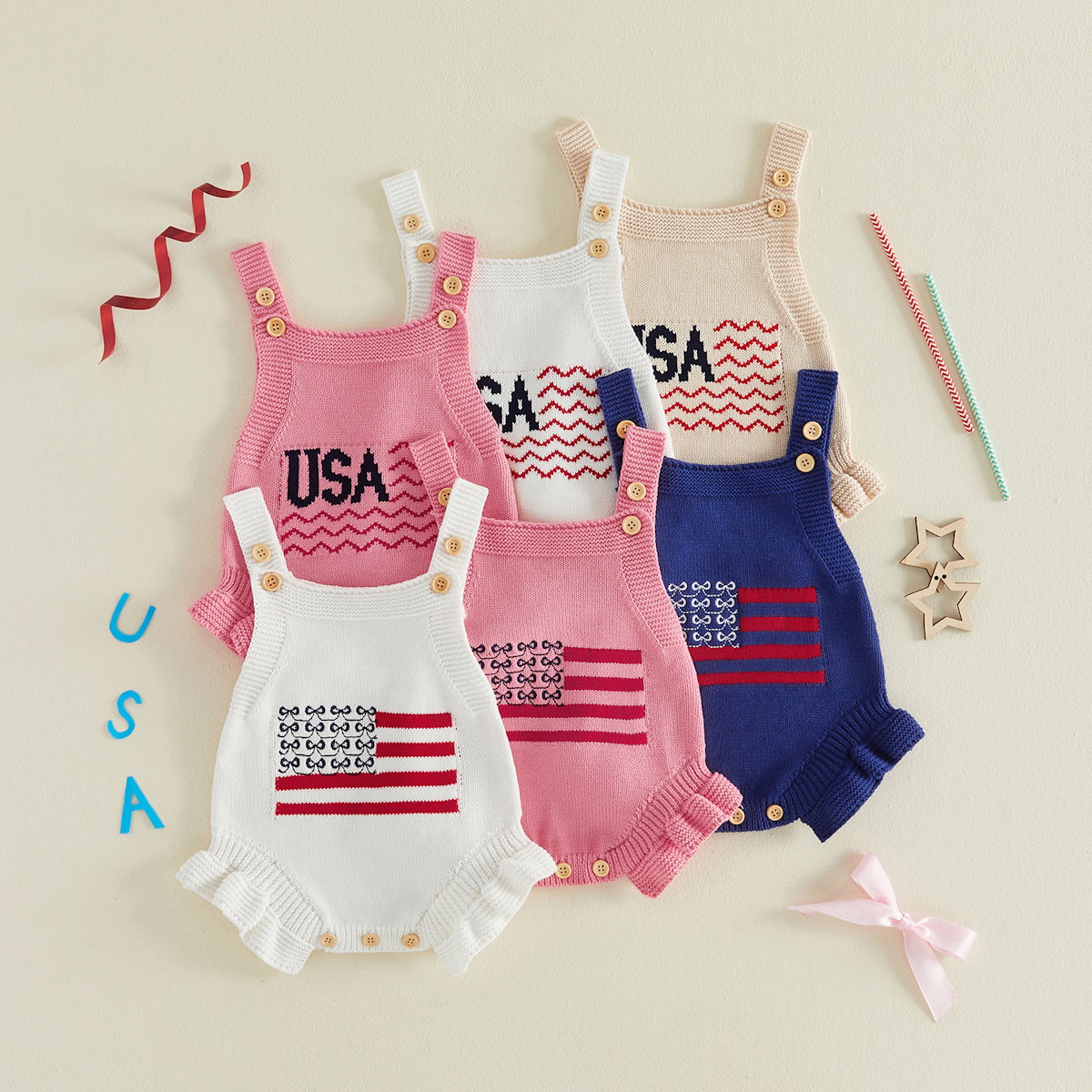 Cotton Infant 4th of July Baby rompers with 'USA' and flag designs - ChildAngle Infant 4th of July Outfits