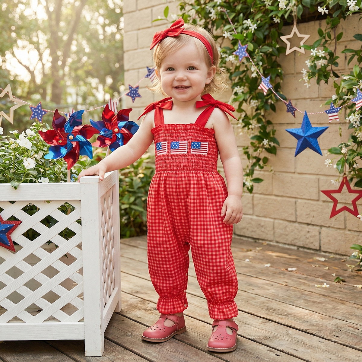 Child in a red checkered outfit with American flags - ChildAngle 4th of July Baby Romper