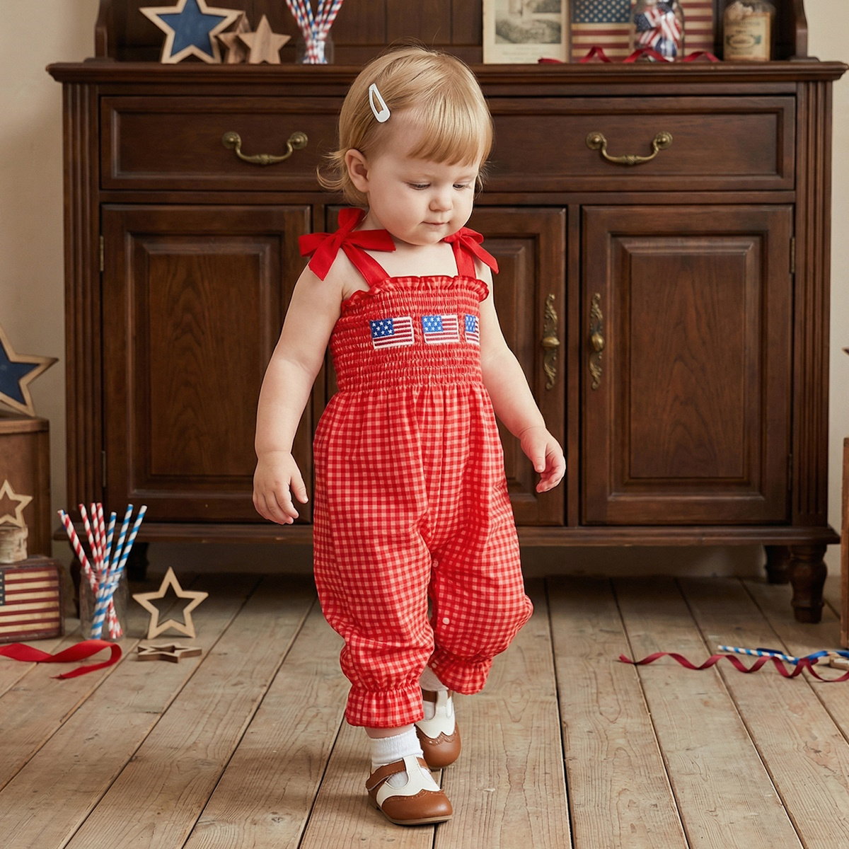Child in a red checkered outfit with American flags - ChildAngle 4th of July Baby Romper
