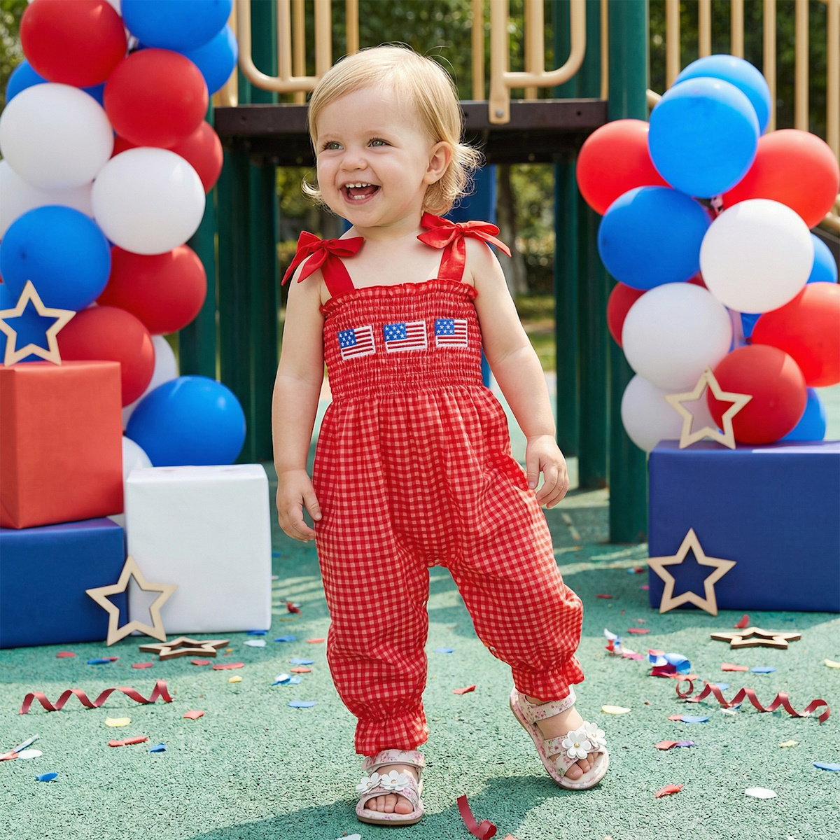 Child in a red checkered outfit with American flags - ChildAngle 4th of July Baby Romper