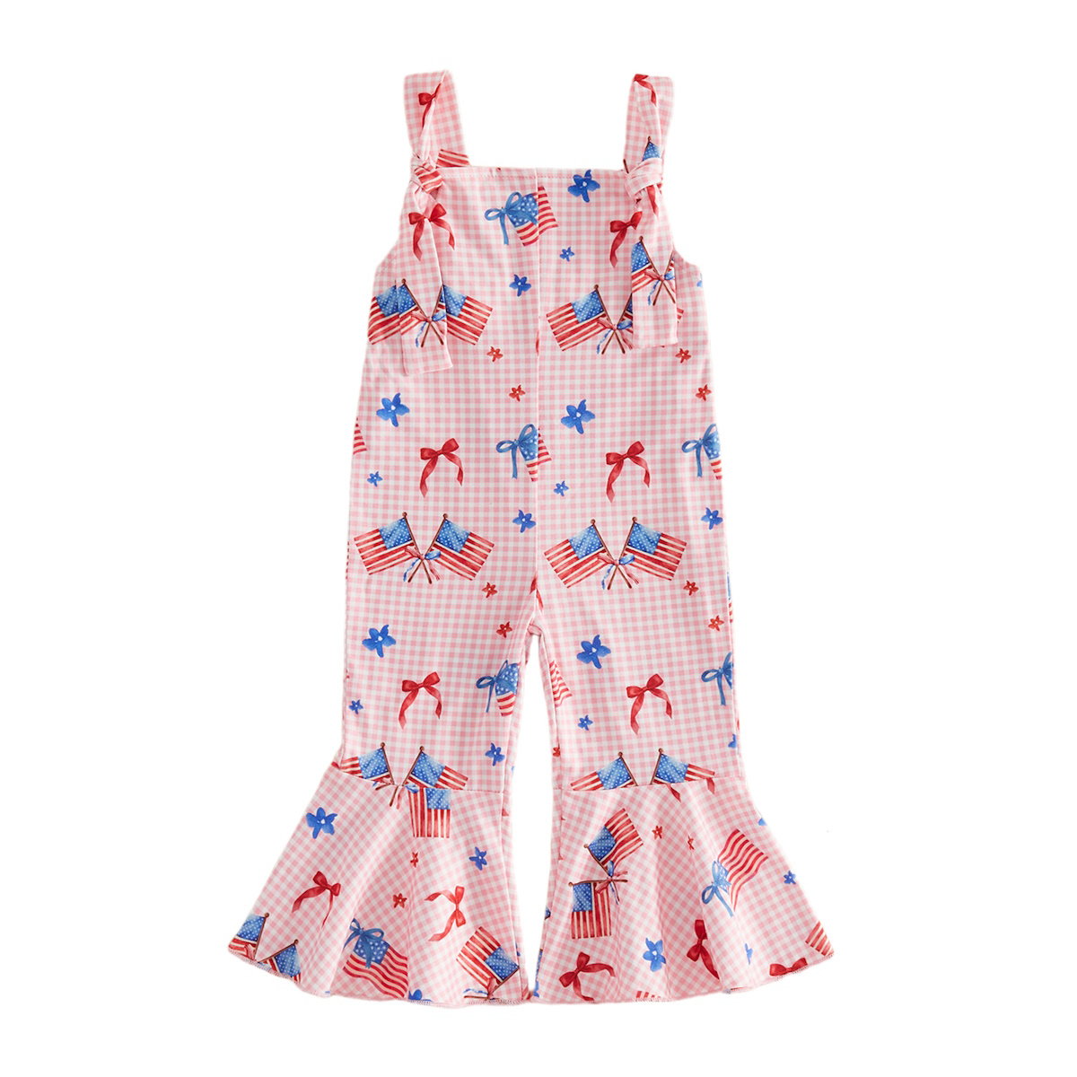 Child wearing a white outfit with red and blue floral patterns - ChildAngle Toddler 4th of July Outfits Shoulder Tie Jumpsuit