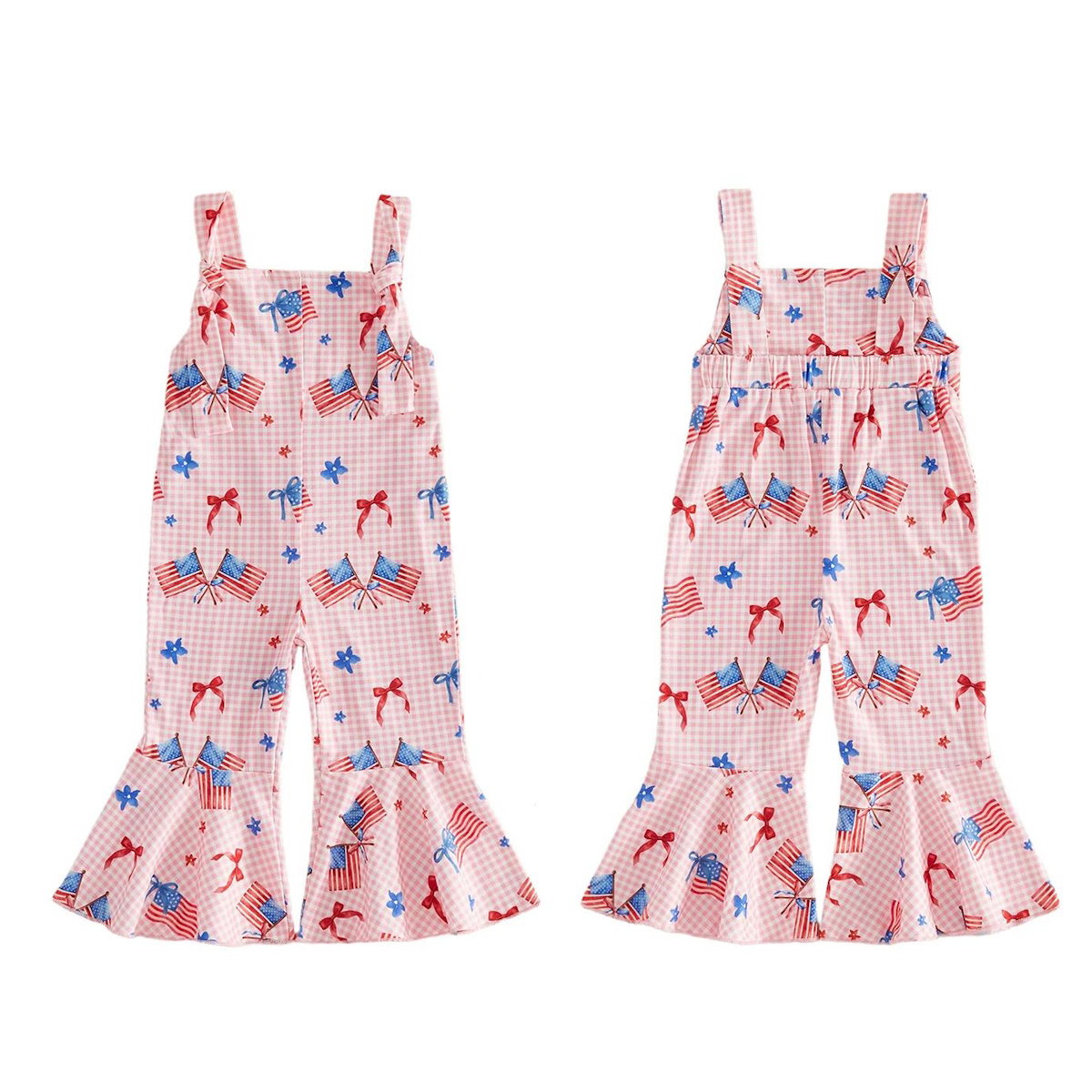 Child wearing a white outfit with red and blue floral patterns - ChildAngle Toddler 4th of July Outfits Shoulder Tie Jumpsuit