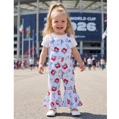 Child wearing a white outfit with red and blue floral patterns - ChildAngle Toddler 4th of July Outfits Shoulder Tie Jumpsuit