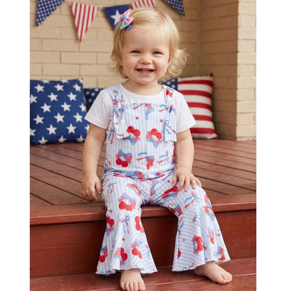 Child wearing a white outfit with red and blue floral patterns - ChildAngle Toddler 4th of July Outfits Shoulder Tie Jumpsuit