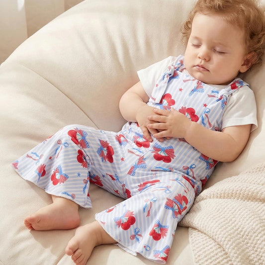 Child wearing a white outfit with red and blue floral patterns - ChildAngle Toddler 4th of July Outfits Shoulder Tie Jumpsuit
