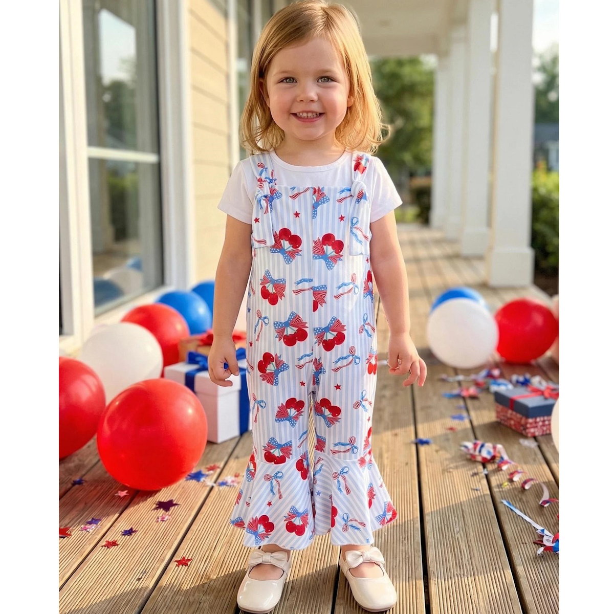 Child wearing a white outfit with red and blue floral patterns - ChildAngle Toddler 4th of July Outfits Shoulder Tie Jumpsuit
