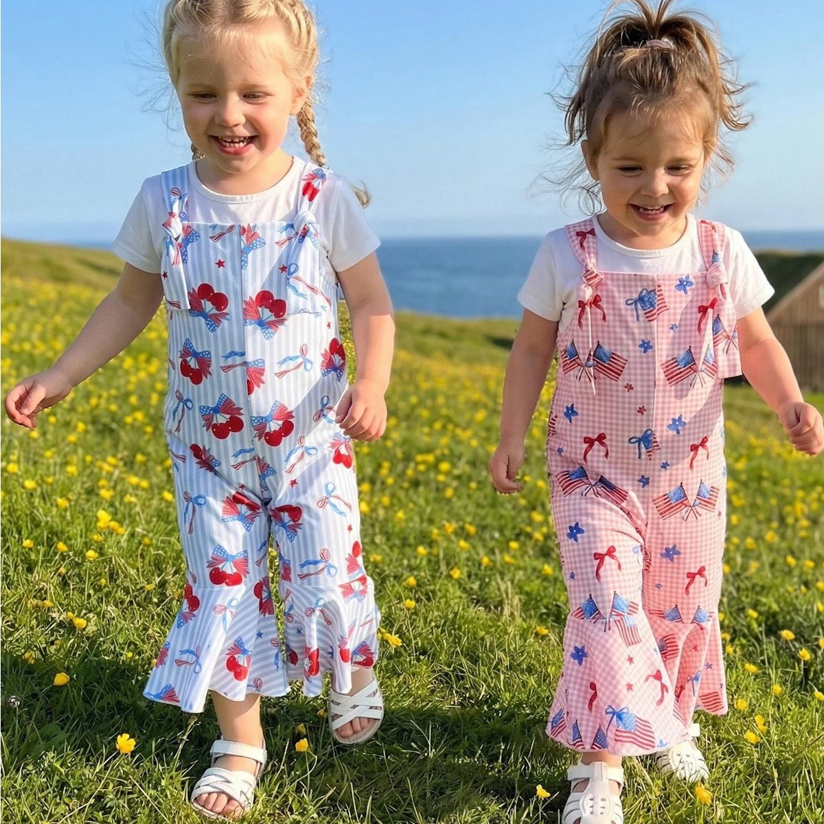 Child wearing a white outfit with red and blue floral patterns - ChildAngle Toddler 4th of July Outfits Shoulder Tie Jumpsuit