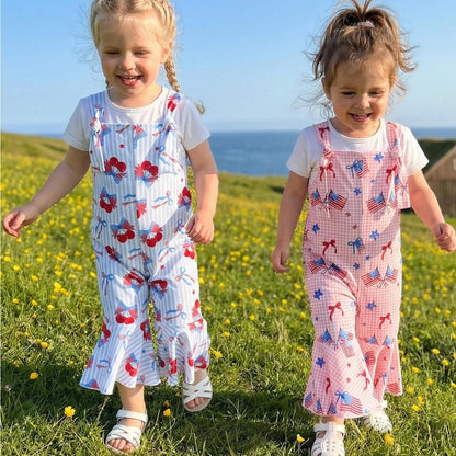 Child wearing a white outfit with red and blue floral patterns - ChildAngle Toddler 4th of July Outfits Shoulder Tie Jumpsuit