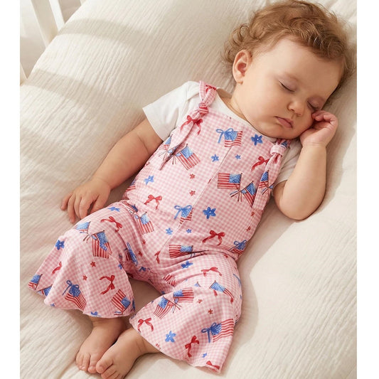 Child wearing a white outfit with red and blue floral patterns - ChildAngle Toddler 4th of July Outfits Shoulder Tie Jumpsuit
