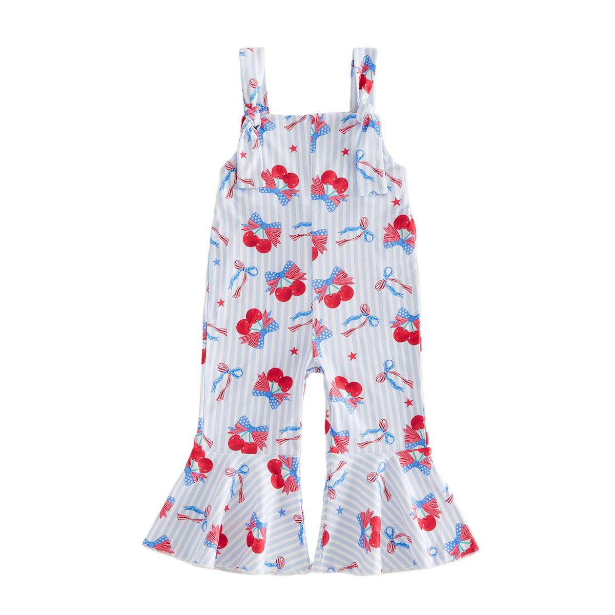 Child wearing a white outfit with red and blue floral patterns - ChildAngle Toddler 4th of July Outfits Shoulder Tie Jumpsuit