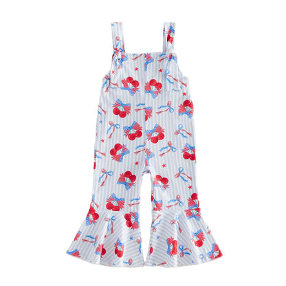 Child wearing a white outfit with red and blue floral patterns - ChildAngle Toddler 4th of July Outfits Shoulder Tie Jumpsuit