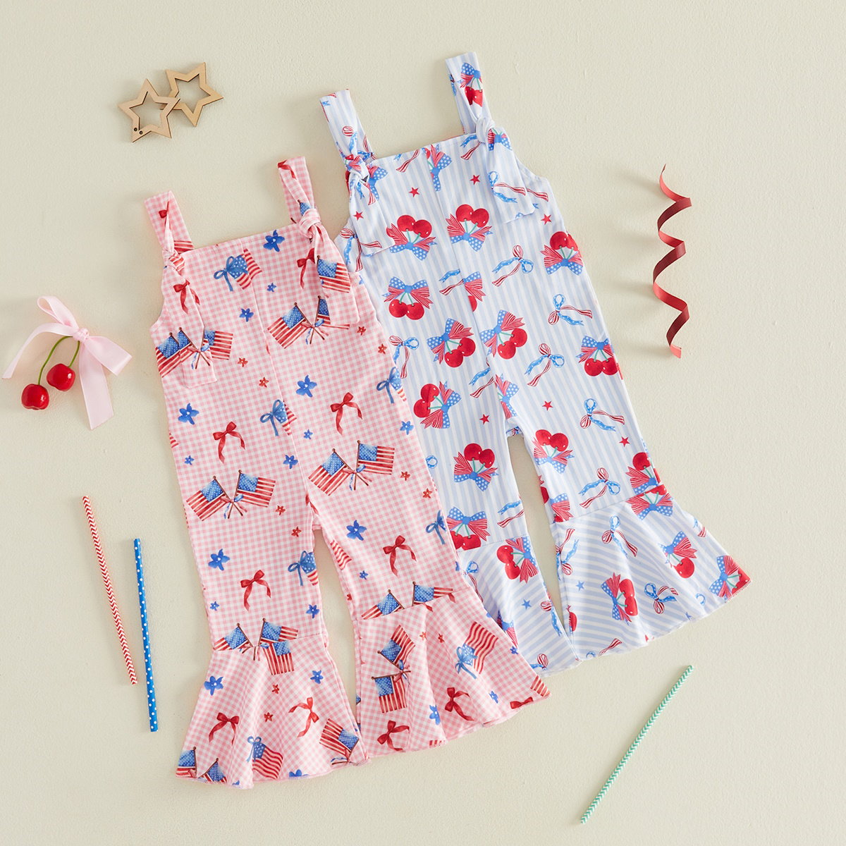 Child wearing a white outfit with red and blue floral patterns - ChildAngle Toddler 4th of July Outfits Shoulder Tie Jumpsuit