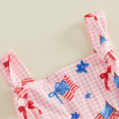 Child wearing a white outfit with red and blue floral patterns - ChildAngle Toddler 4th of July Outfits Shoulder Tie Jumpsuit