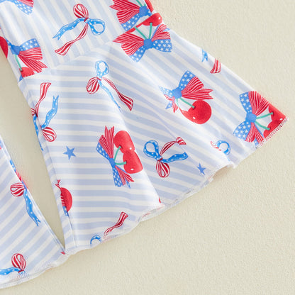 Child wearing a white outfit with red and blue floral patterns - ChildAngle Toddler 4th of July Outfits Shoulder Tie Jumpsuit