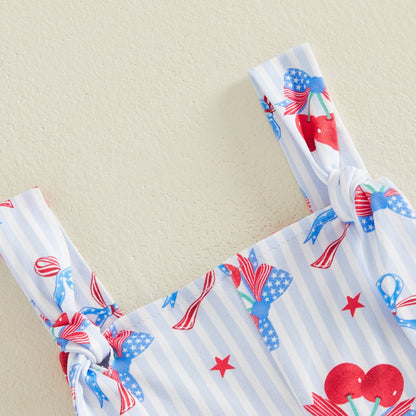 Child wearing a white outfit with red and blue floral patterns - ChildAngle Toddler 4th of July Outfits Shoulder Tie Jumpsuit