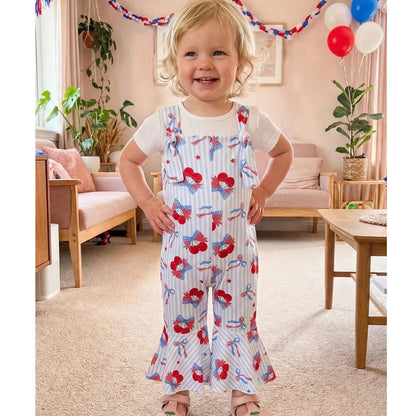 Child wearing a white outfit with red and blue floral patterns - ChildAngle Toddler 4th of July Outfits Shoulder Tie Jumpsuit