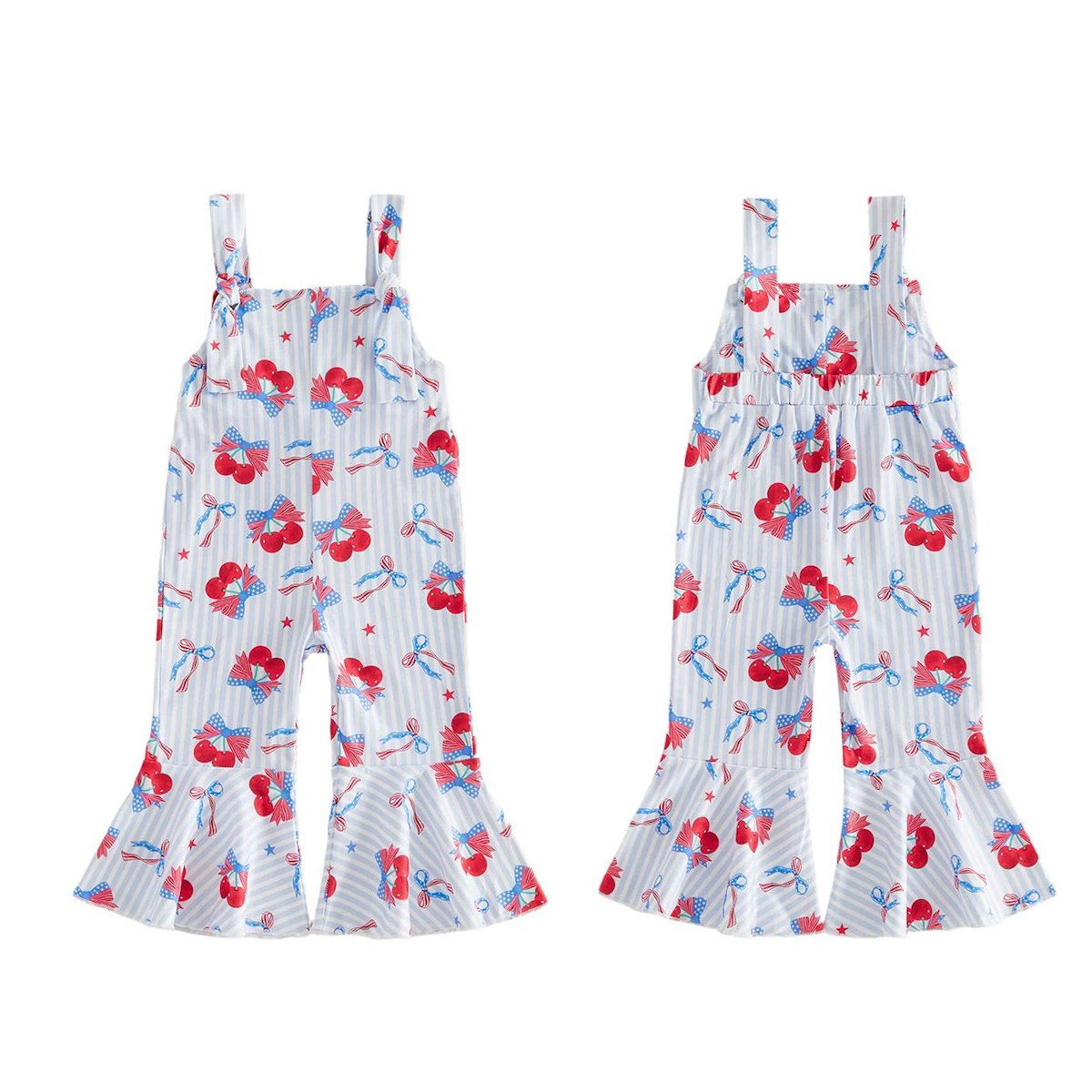 Child wearing a white outfit with red and blue floral patterns - ChildAngle Toddler 4th of July Outfits Shoulder Tie Jumpsuit