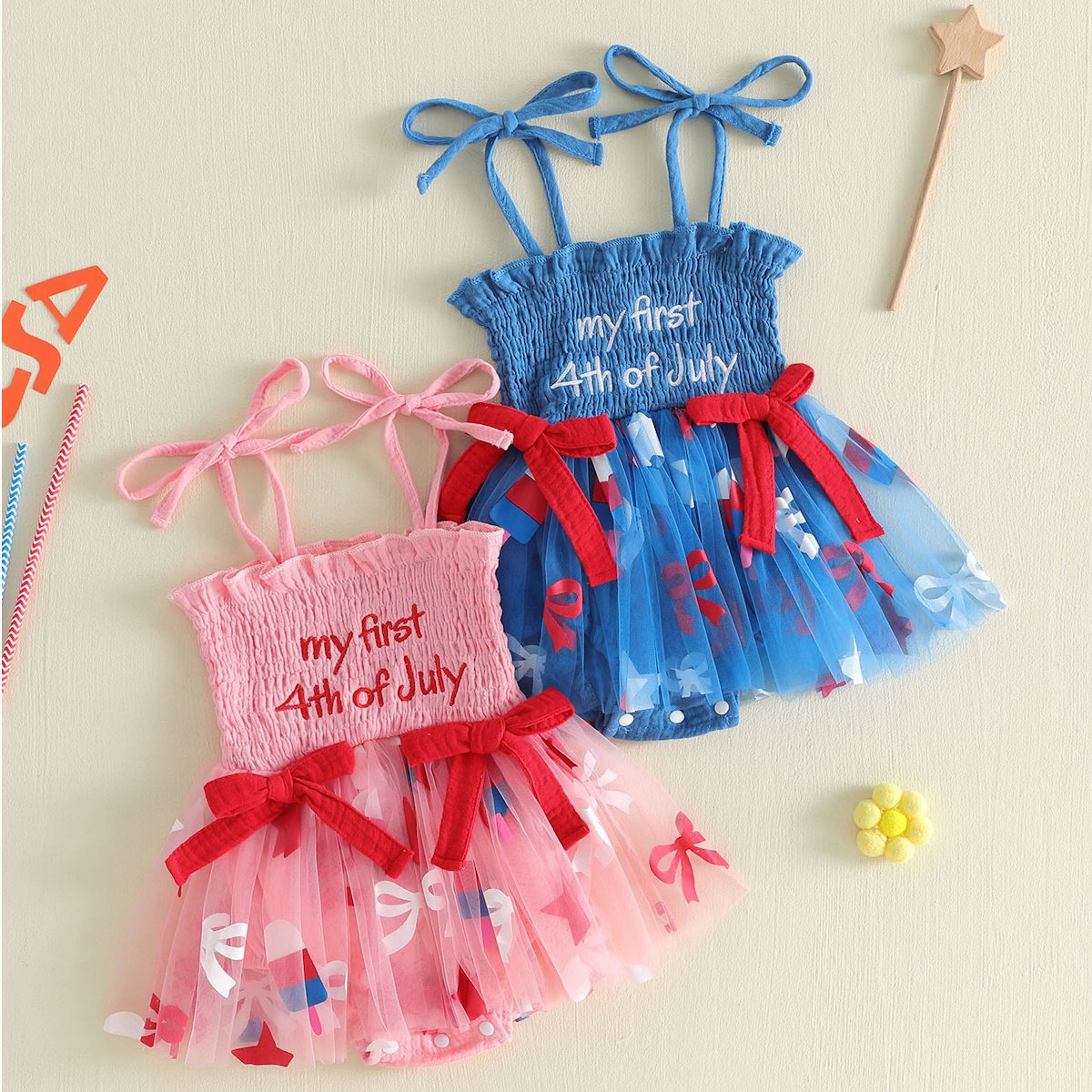 Pink and Blue Infant first 4th of July baby romper dress - ChildAngle
