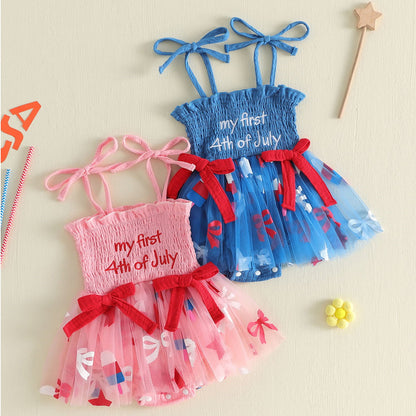 Pink and Blue Infant first 4th of July baby romper dress - ChildAngle
