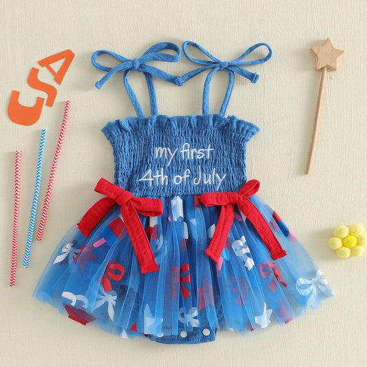 Pink and Blue Infant first 4th of July baby romper dress - ChildAngle