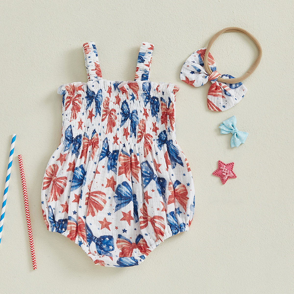 Baby romper with red, white, and blue patterns Stars, Bowknot and Sprinkle Pattern - ChildAngle Infant 4th of July Outfits