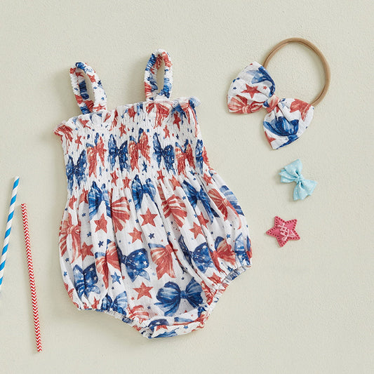 Baby romper with red, white, and blue patterns Stars, Bowknot and Sprinkle Pattern - ChildAngle Infant 4th of July Outfits