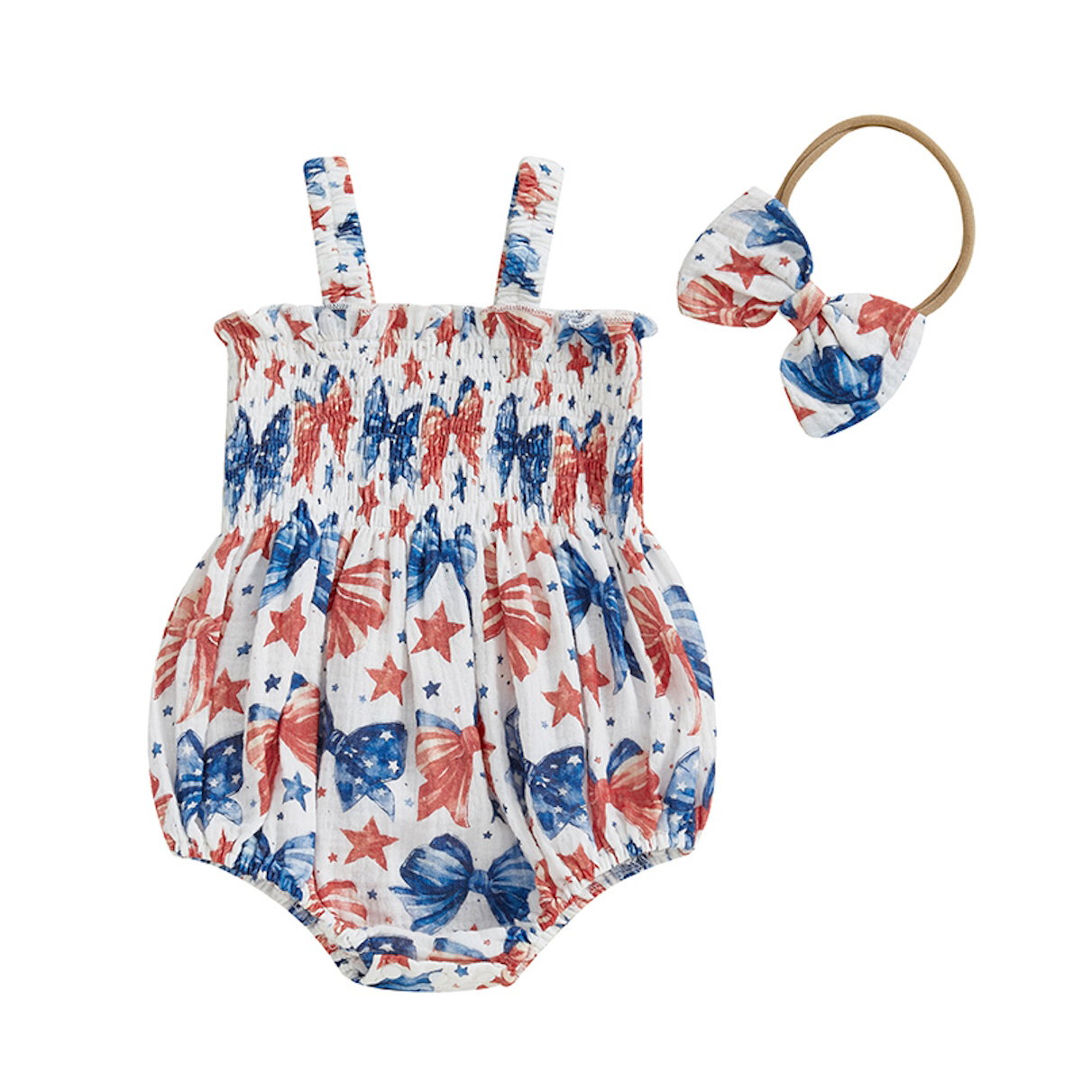 Baby romper with red, white, and blue patterns Stars, Bowknot and Sprinkle Pattern - ChildAngle Infant 4th of July Outfits
