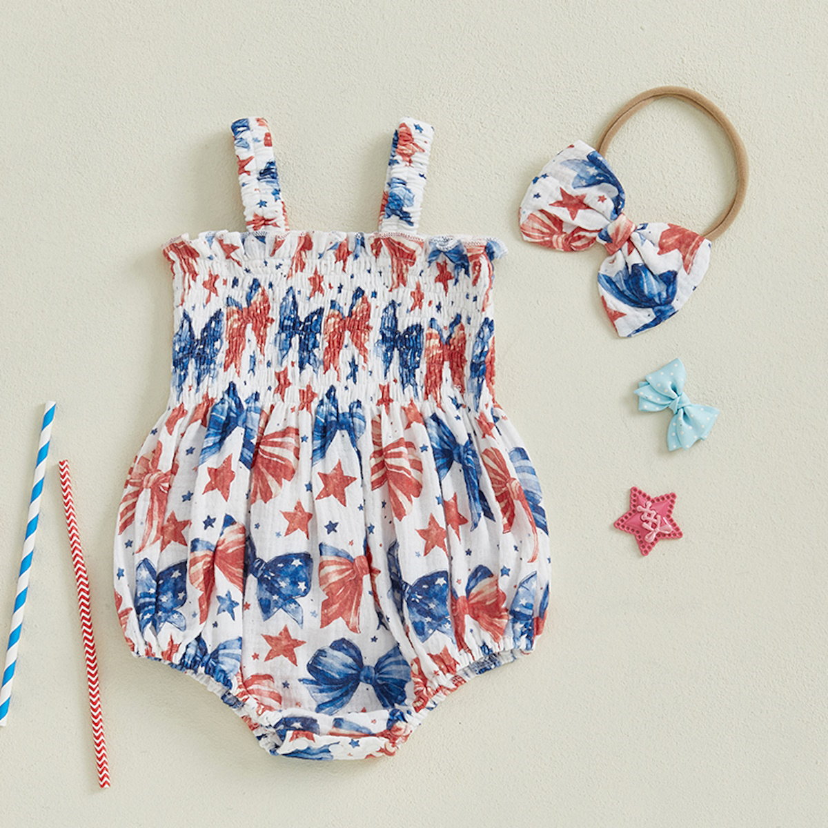 Baby romper with red, white, and blue patterns Stars, Bowknot and Sprinkle Pattern - ChildAngle Infant 4th of July Outfits
