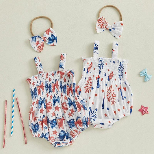 Baby romper with red, white, and blue patterns Stars, Bowknot and Sprinkle Pattern - ChildAngle Infant 4th of July Outfits