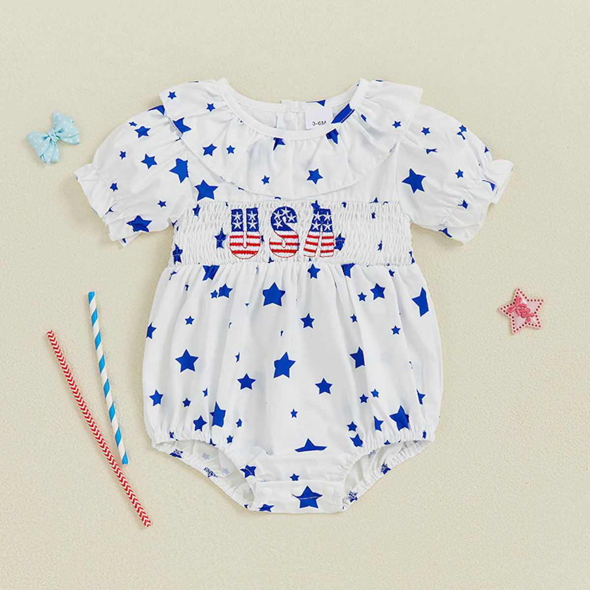 Star Print USA Letter Print Falbala Ruffle Sleeve Baby Romper - ChildAngle