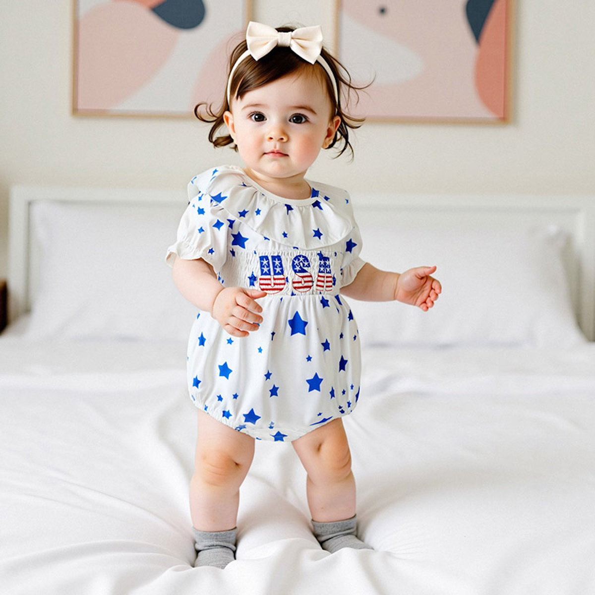 Star Print USA Letter Print Falbala Ruffle Sleeve Baby Romper - ChildAngle